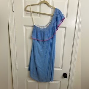 Lilly Pulitzer Blue One-Shoulder Ruffle Dress with Pink Trim